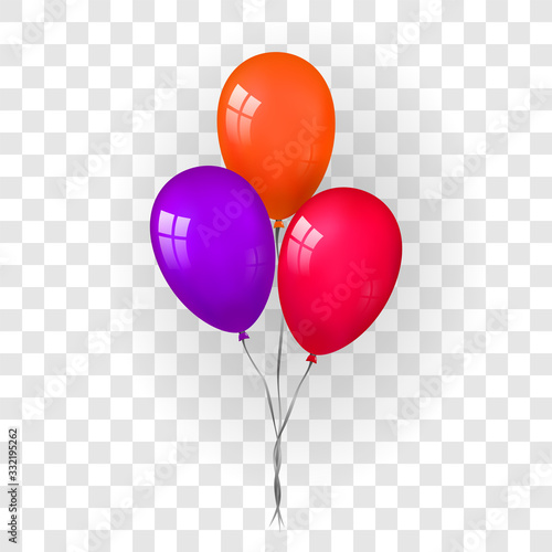 Balloons 3D bunch set, thread, isolated white transparent background. Color glossy flying baloon, ribbon, birthday celebrate, surprise. Helium ballon gift. Realistic design bday Vector illustration