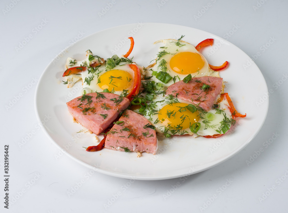 Fried sausage fried eggs on a white round plate. Side up Fried sausage fried eggs on a white round plate. Side up