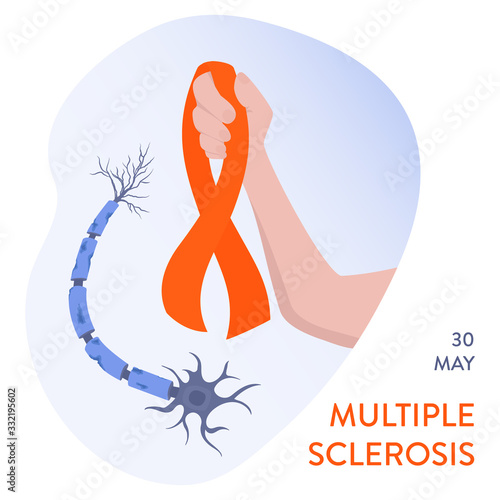 Multiple sclerosis awareness ribbon. Demyelination of neuron shealth under microscope. Damaged nerve cell. Hand holding orange bow. Central nervous system disease. Medical concept. Vector illustration