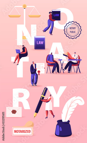 Notary Professional Service Concept. People Visit Lawyer Office for Signing and Legalization Documents. Secretary Character Stamping Documentation Poster Banner Flyer. Cartoon Vector Illustration