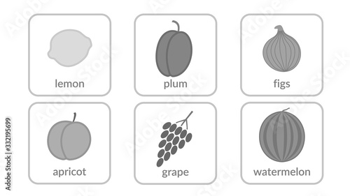 Fruits and berries, objects icons set, isolated on white background. Summer fresh food. Juicy tasty healthy dessert. Vitamin organic products nutrition. Symbol of health, diet. Vector illustration