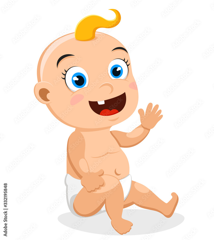 Baby smiles and waves on a white. Isolated. The character Baby smiles and waves on a white. Isolated. The character