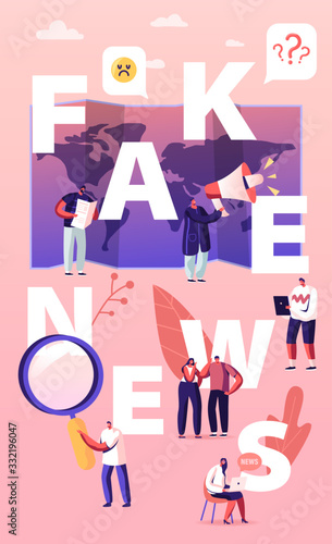 Fake News Concept. Tiny Characters Reading Newspapers and Social Media Information in Internet on World Map Background, False Info Fabrication Poster Banner Flyer. Cartoon People Vector Illustration