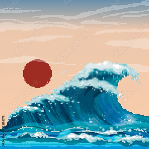 Pixel art of asian illustration of ocean waves and sun. Japanese waves, motif. Pixel art 8 bit.