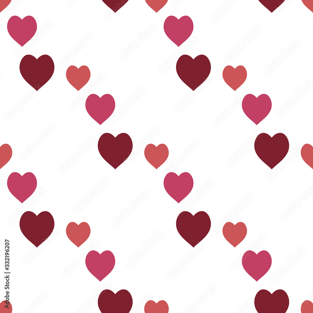 Seamless pattern with exquisite bright and dark red and pink hearts on white background for plaid, fabric, textile, clothes, tablecloth and other things. Vector image.