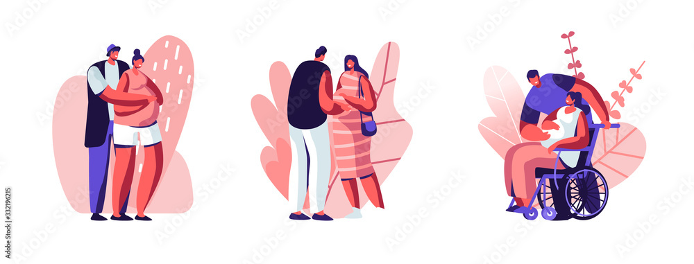 Set of Happy Couples Waiting Baby. Healthy and Disabled Pregnant Female Characters with their Husbands. Girl on Wheelchair. Motherhood, Maternity, Family Relations. Cartoon People Vector Illustration