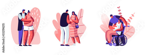 Set of Happy Couples Waiting Baby. Healthy and Disabled Pregnant Female Characters with their Husbands. Girl on Wheelchair. Motherhood, Maternity, Family Relations. Cartoon People Vector Illustration