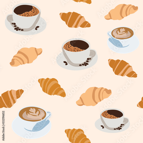 seamless repeating pattern of coffee cups and croissant