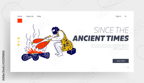 Human Evolution, Prehistory Civilization Period Landing Page Template. Caveman Character Frying Meat on Bonfire Sitting in Cave. Tribal Neanderthal Homo Sapiens Lifestyle. Linear Vector Illustration
