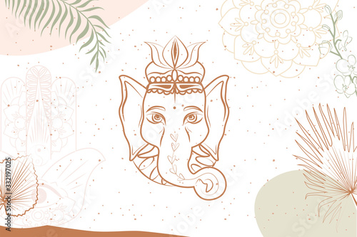 Abstract poster with elements of buddhism and hinduism, ganesha, plants in one line style. Background minimalistic style. Vector illustration.