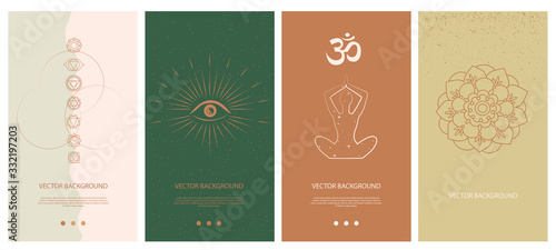 Set of abstract vertical background with elements of buddhism and hinduism plants in one line style. Background for social media minimalistic style. Vector illustration.