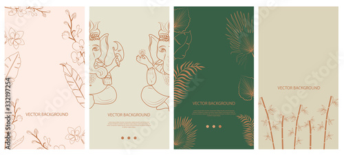 Set of abstract vertical background with elements of buddhism and hinduism plants in one line style. Background for social media minimalistic style. Vector illustration.