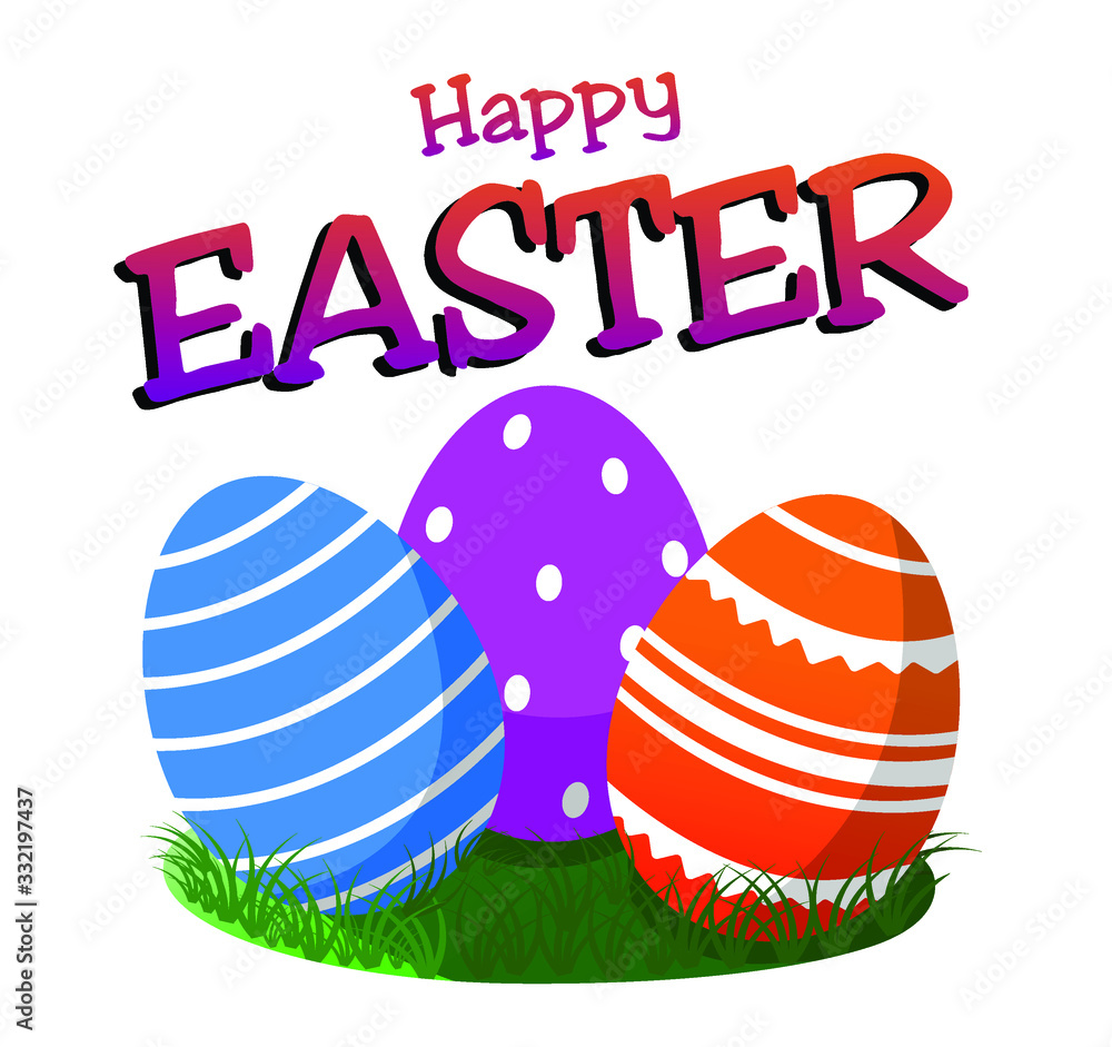 Easter eggs three pieces of raspberry, blue and orange are lying on the green grass. Lettering Happy Easter. Easter eggs three pieces of raspberry, blue and orange are lying on the green grass. Lettering Happy Easter.