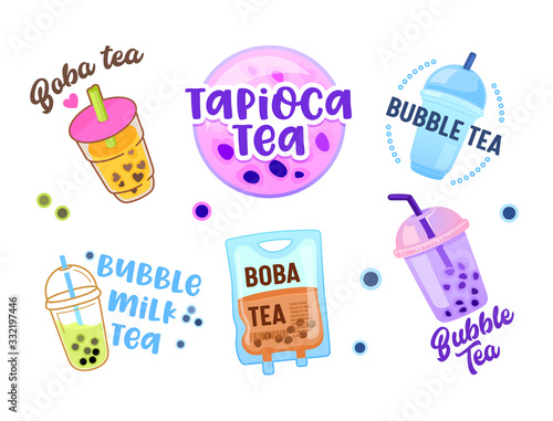 Set of Different Types of Bubble Tea in Plastic Takeaway Cups Icons Isolated on White Background. Asian Tapioca Drink, Boba and Milk Tea in Mugs and Dropper Bag, Cartoon Vector Illustration, Clip Art