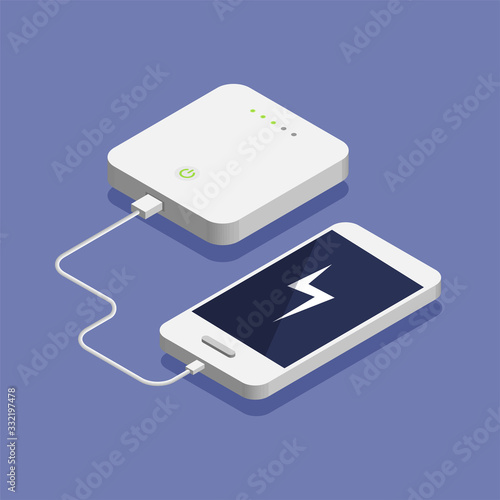 Low battery. Isometric smartphone charging with external power bank. Database storage device concept. 3d design. Vector illustration.