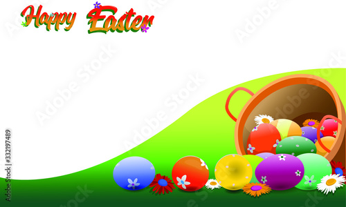 Brown easter basket with colorful eggs in a beautiful green meadow with white  pink and orange flowers. Vector graphics