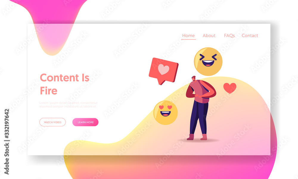 Viral Content Online Share and Broadcast in Internet Landing Page Template. Tiny Male Teen Character Laughing with Huge Smile Emoji and Heart Social Media Icons around. Cartoon Vector Illustration