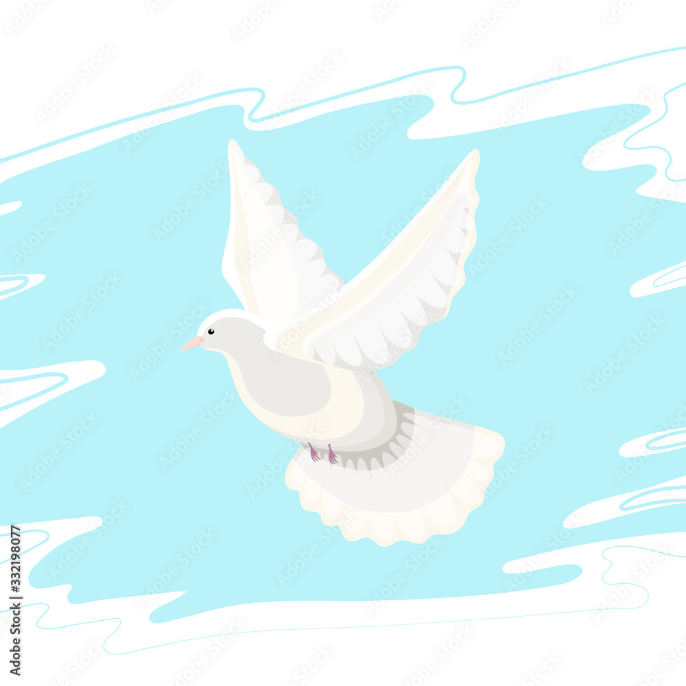 Beautiful shiny white dove flying in a blue sky. Vector hand drawn illustration.