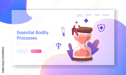Estrogen and Estradiol Hormonal Medical Therapy Landing Page Template. Tiny Female Character Sitting on Huge Hourglass. Gynecology, Menopause and Woman Fertility Health. Cartoon Vector Illustration