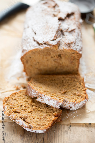 Banana bread with peanut butter and icing sugar