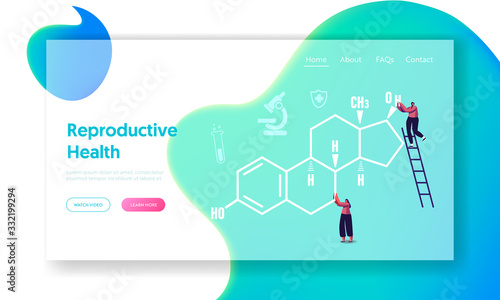 Progesterone and Estradiol Hormonal Therapy Landing Page Template. Tiny Female Characters at Huge Estrogen Formula. Woman Health, Gynecology Medicine Check Up. Cartoon People Vector Illustration