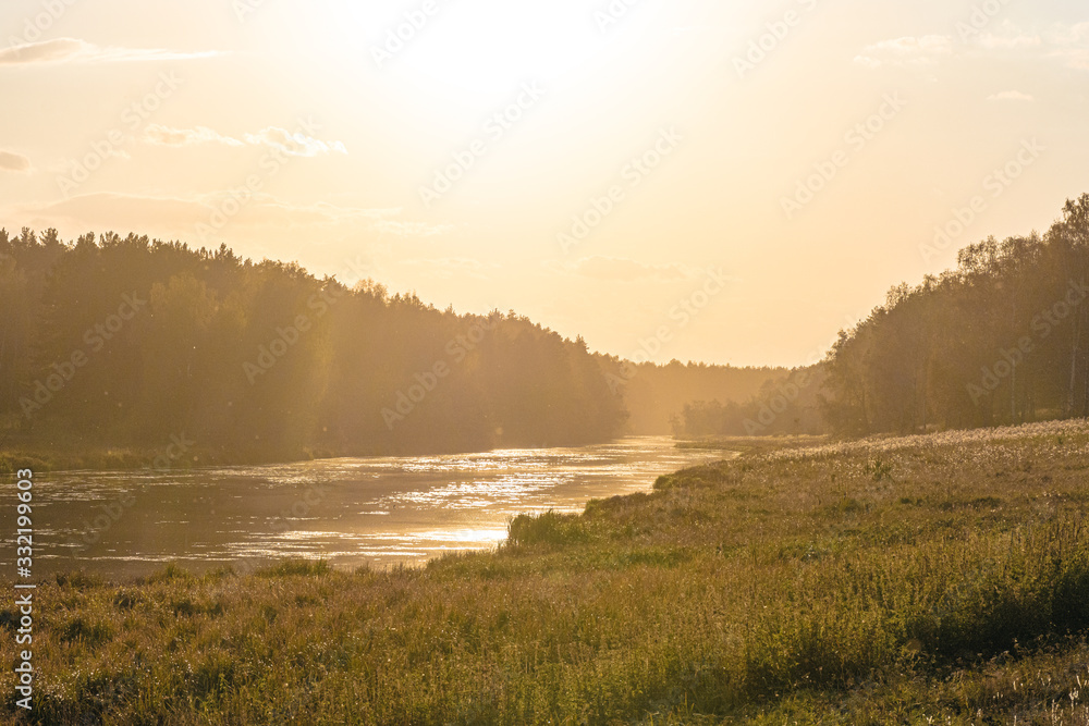 River at sunset in the summer. Landscape, Ural, Russia