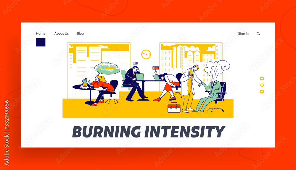 Professional Burnout Syndrome Landing Page Template. Exhausted Business Characters at Work Sitting at Table with Head Down and Low Battery Above, Overload, Tiredness. Linear People Vector Illustration Professional Burnout Syndrome Landing Page Template. Exhausted Business Characters at Work Sitting at Table with Head Down and Low Battery Above, Overload, Tiredness. Linear People Vector Illustration