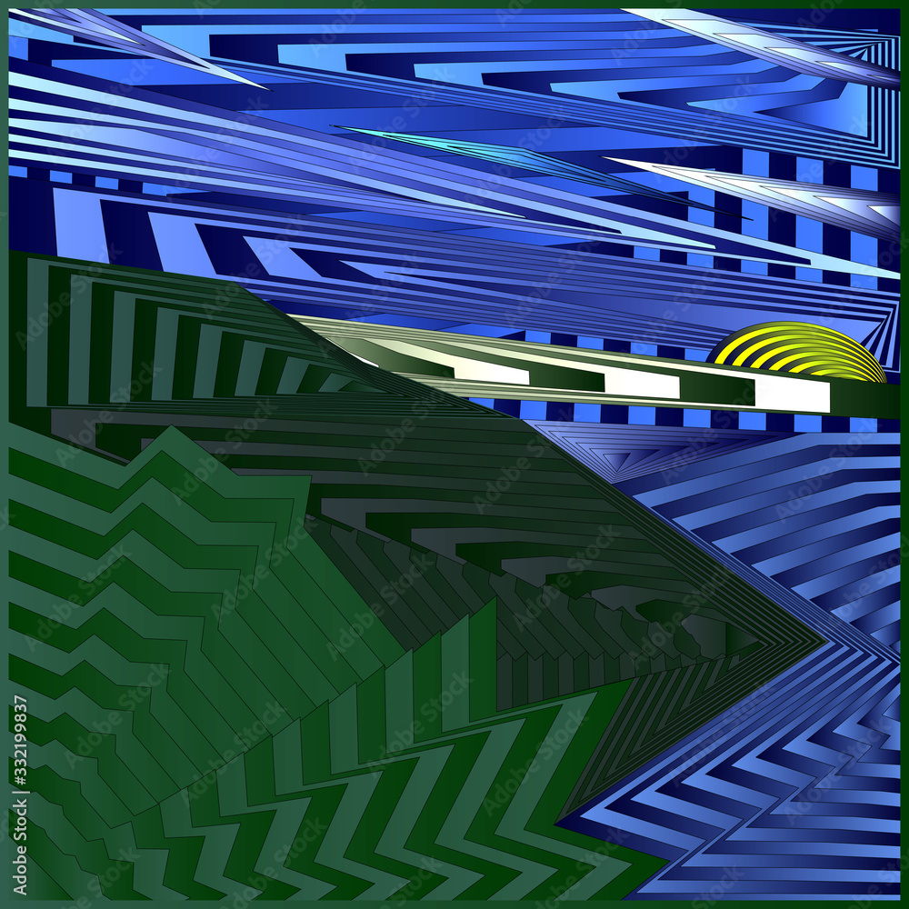 Striped landscap with stylised mountains, sea and yellow Sun. Striped landscap with stylised mountains, sea and yellow Sun.