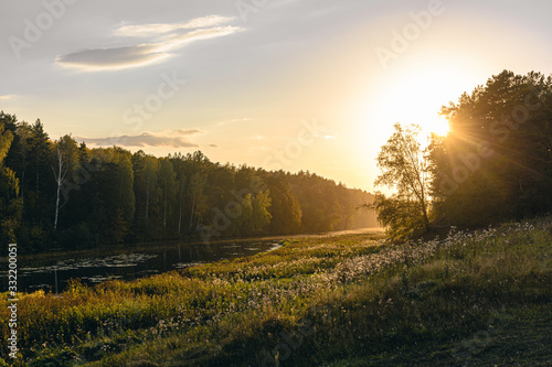River at sunset in the summer. Landscape, Ural, Russia