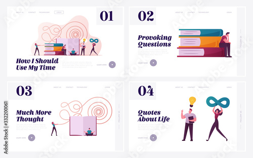 Philosophy Contemplation and Reflection Landing Page Template Set. Philosophers Tiny Characters Reading Books, Develop Spiritual Ideas. Students Study in University. Cartoon People Vector Illustration