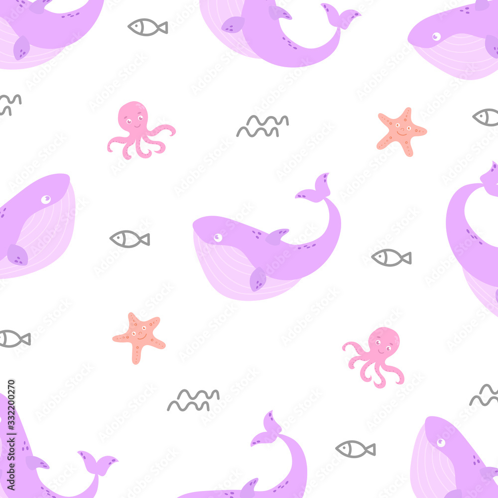 Cute whales, octopuses and starfish. Vector print. Cute hand drawn illustration. Print, posters, cards, wrapping paper, textiles, fabric.