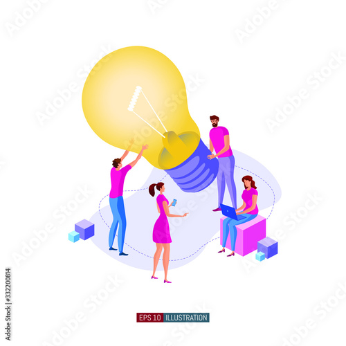 Trendy flat illustration. Cooperation of people who implement the joint idea. Illustration of the idea birth process. Template for your design works. Vector graphics.