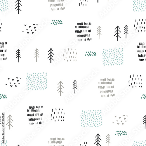 Hand drawn seamless pattern with swamp, field and forest. Childish texture. Great for fabric, textile. Cute vector Illustration.