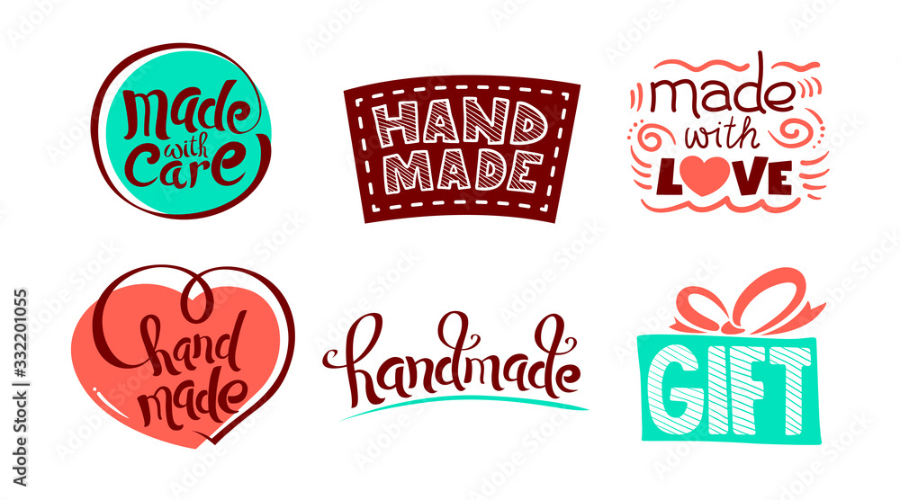 Set of Icons with Handmade Lettering, Made with Love Drawing Elements, Wrapped Gift Box Symbol, Clothe Patch with Strokes. Craft Production Decorative Badges, Quotes or Tags. Cartoon Vector Clip Art