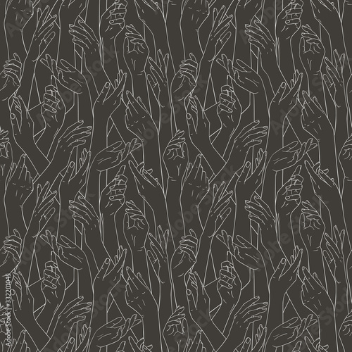 Abstract seamless pattern with female hands. Hands up, black and white. Outline drawing.