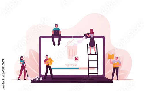 Tiny People Deleting Information Concept. Male and Female Characters around of Huge Laptop Throw Documents and Files into Litter Bin, Sweeping Binary Code and Destroy Docs. Cartoon Vector Illustration