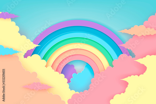 Stylized paper cutout rainbow and clouds background. Paper pastel colored rainbow. Vector art and illustration