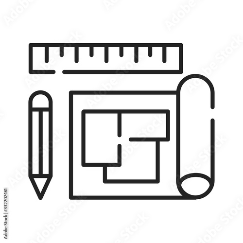 House plan black line icon. A set of construction or working drawings. Define all the specifications of a house. Pictogram for web page, mobile app, promo. UI UX GUI design element. Editable stroke.