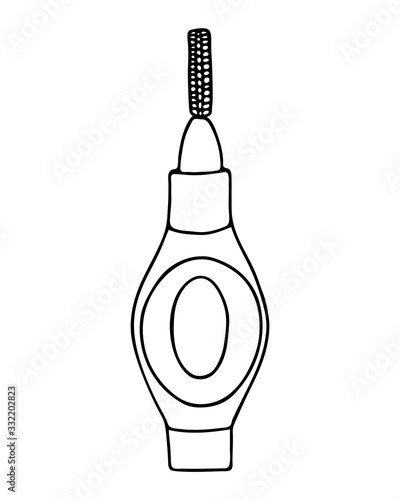 Interdental brush orthodontic braces. Pipe-cleaner dental product personal oral hygiene at home in bathroom. Vector isolated flat doodle realistic drawing with black outline white background icon