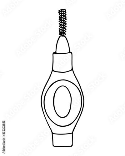 Interdental brush orthodontic braces. Pipe-cleaner dental product personal oral hygiene at home in bathroom. Vector isolated flat doodle realistic drawing with black outline white background icon