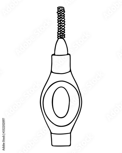 Interdental brush orthodontic braces. Pipe-cleaner dental product personal oral hygiene at home in bathroom. Vector isolated flat doodle realistic drawing with black outline white background icon