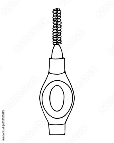 Interdental brush orthodontic braces. Pipe-cleaner dental product personal oral hygiene at home in bathroom. Vector isolated flat doodle realistic drawing with black outline white background icon