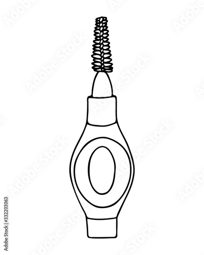 Interdental brush orthodontic braces. Pipe-cleaner dental product personal oral hygiene at home in bathroom. Vector isolated flat doodle realistic drawing with black outline white background icon