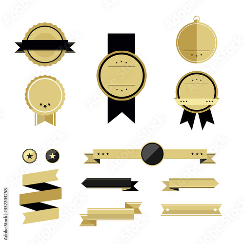 Set of gold premium badges and ribbons. Label badge. Gold medal with stars. No text. Mockup. Flat design, vector illustration. 