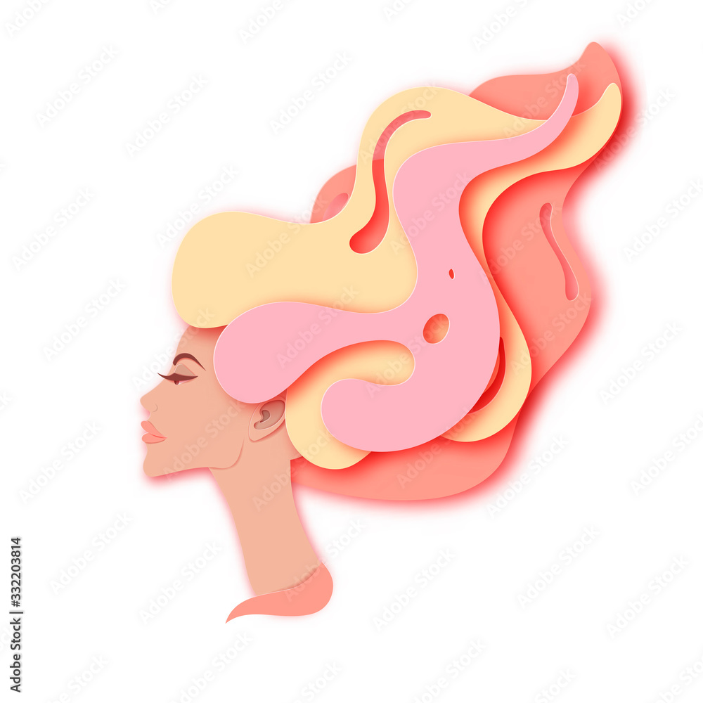 Vector portrait of young beautiful woman with long wavy hair. Modern digital paper layered art. Origami style. Beauty and fashion concept Vector portrait of young beautiful woman with long wavy hair. Modern digital paper layered art. Origami style. Beauty and fashion concept