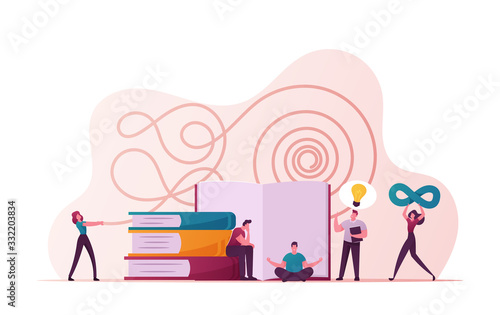 Philosophy Concept. Tiny Male and Female Characters Reading Books, Meditate and Develop Spiritual Ideas. Woman with Infinity Symbol, man with Glowing Light Bulb. Cartoon People Vector Illustration