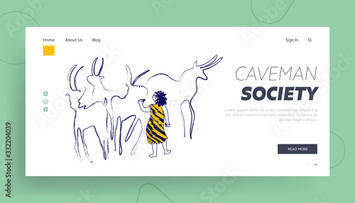 Ancient Period of Human Civilization Landing Page Template. Little Child Caveman Character Wearing Pelt Painting Animals on Cave Wall. Neanderthal People Culture and Art. Linear Vector Illustration