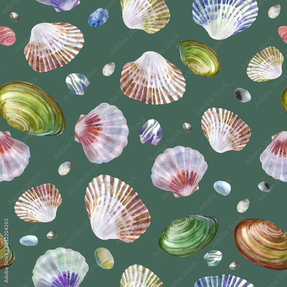Watercolor illustration. Pattern of sea shells and sea stones on a gray and green background. Summer theme, beach and relaxation. Watercolor illustration. Pattern of sea shells and sea stones on a gray and green background. Summer theme, beach and relaxation.