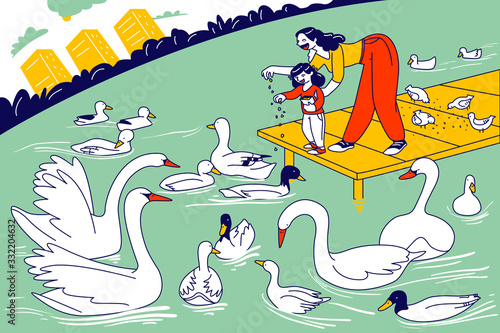 Happy Family Walking in Park. Mother and Little Child Characters Feed Ducks, Swans and Doves. Woman and Girl Weekend Spare Time, Mom and Daughter Leisure on Nature. Linear People Vector Illustration
