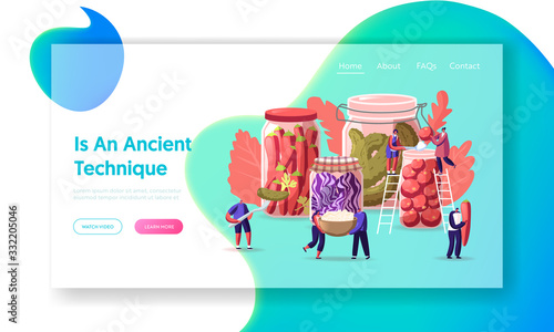 Fermented Food Landing Page Template Set. Tiny Characters Cook Marinated Pickles, Variety Preserving Jars. Homemade Cucumbers, Chili Pepper, Tomatoes and Red Cabbage Cartoon People Vector Illustration